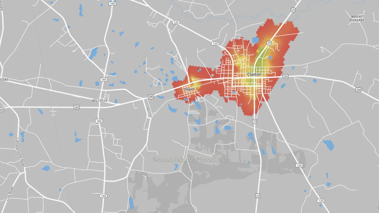 Walk Grade map of Hagan, GA, walkable areas in green and car-dependent areas in red