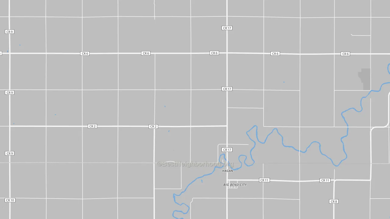 Walk Grade map of Hagan, MN, walkable areas in green and car-dependent areas in red