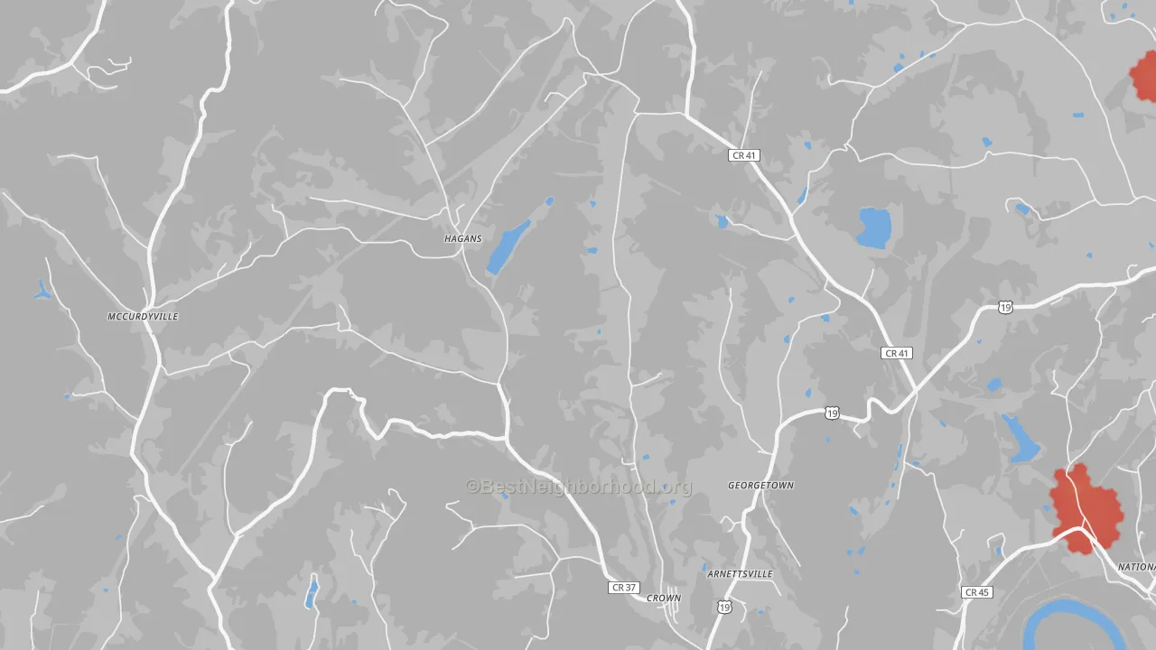 Walk Grade map of Hagans, WV, walkable areas in green and car-dependent areas in red