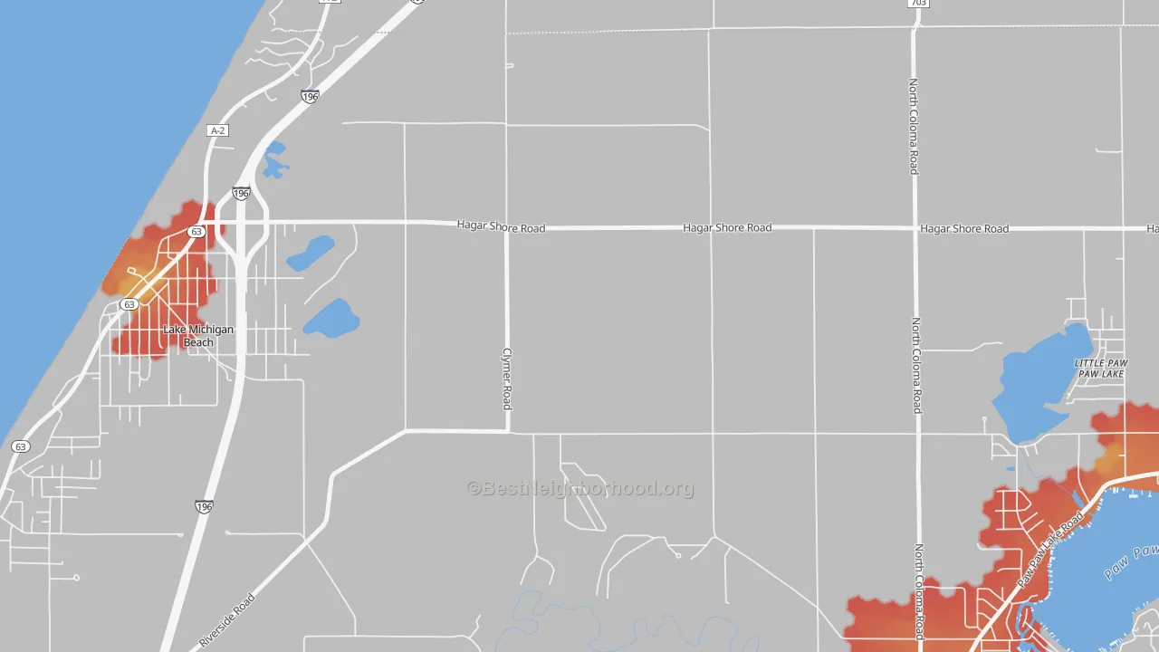 Walk Grade map of Hagar Shores, MI, walkable areas in green and car-dependent areas in red