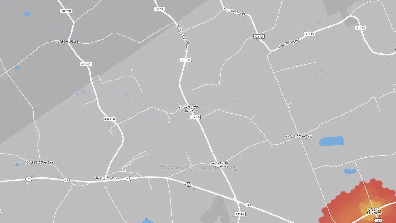 Walk Grade map of Hagedorns Mills, NY, walkable areas in green and car-dependent areas in red
