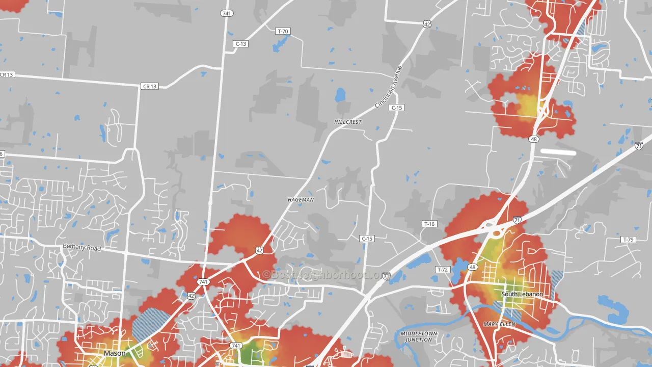 Walk Grade map of Hageman, OH, walkable areas in green and car-dependent areas in red