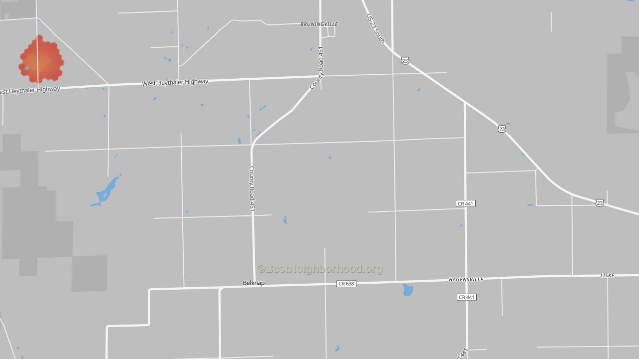 Walk Grade map of Hagensville, MI, walkable areas in green and car-dependent areas in red
