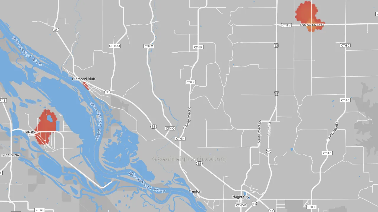Walk Grade map of Hager City, WI, walkable areas in green and car-dependent areas in red