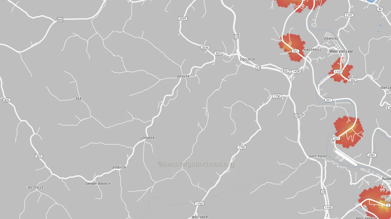 Walk Grade map of Hagerhill, KY, walkable areas in green and car-dependent areas in red