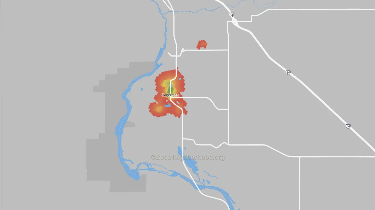 Walk Grade map of Hagerman, ID, walkable areas in green and car-dependent areas in red
