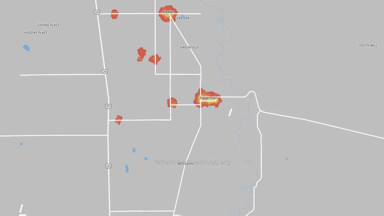 Walk Grade map of Hagerman, NM, walkable areas in green and car-dependent areas in red