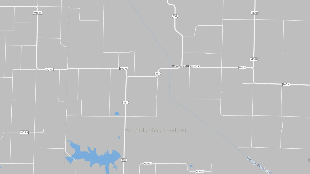 Walk Grade map of Hagers Grove, MO, walkable areas in green and car-dependent areas in red