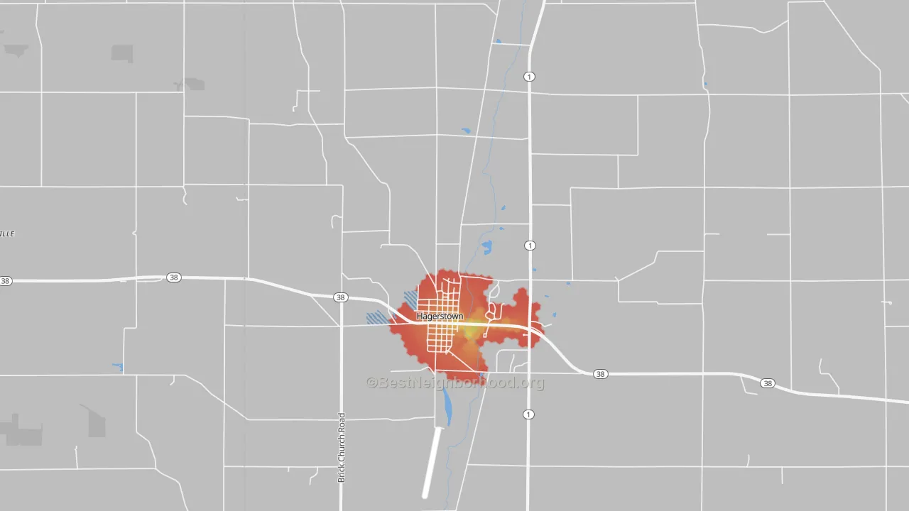 Walk Grade map of Hagerstown, IN, walkable areas in green and car-dependent areas in red