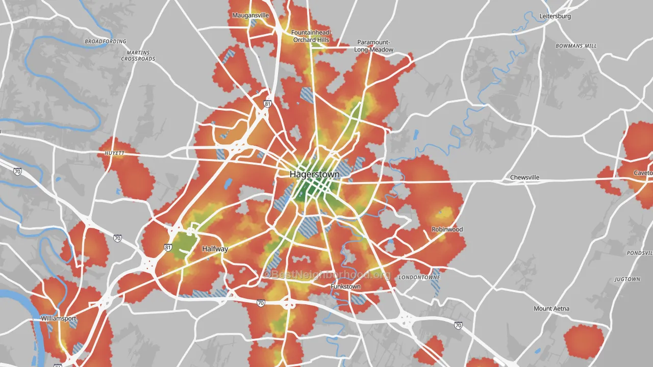 Walk Grade map of Hagerstown, MD, walkable areas in green and car-dependent areas in red