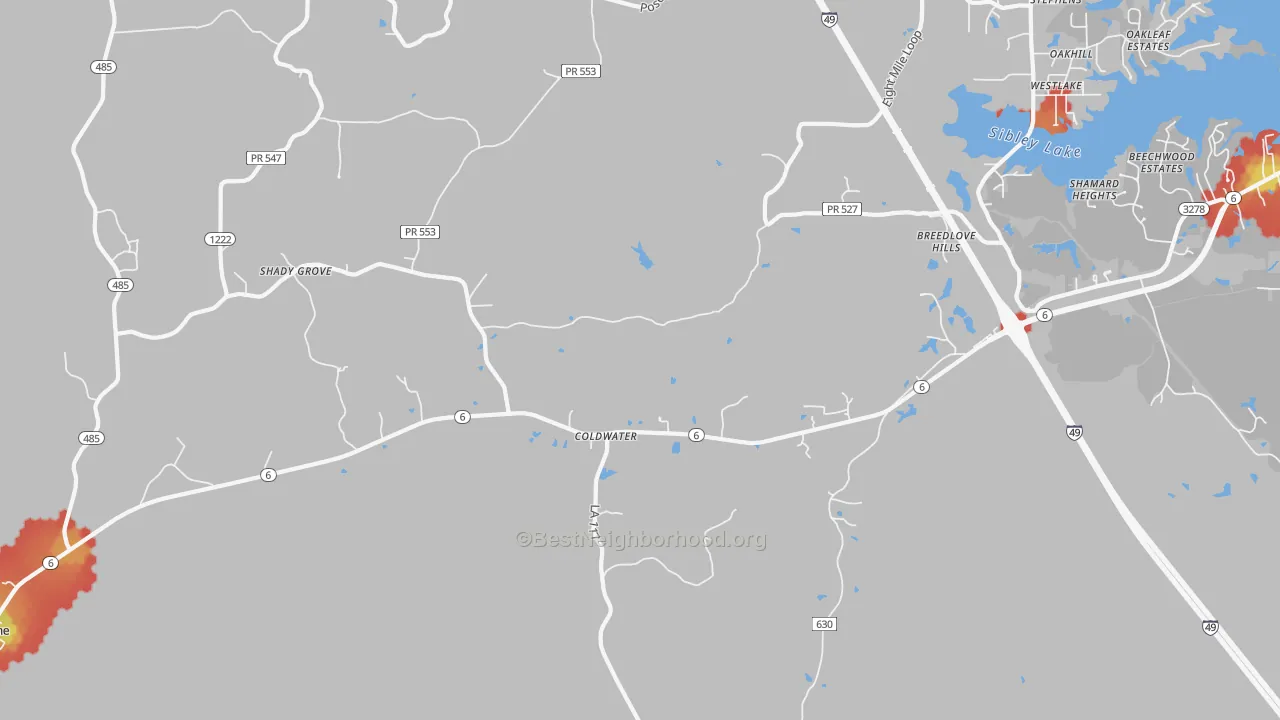 Walk Grade map of Hagewood, LA, walkable areas in green and car-dependent areas in red