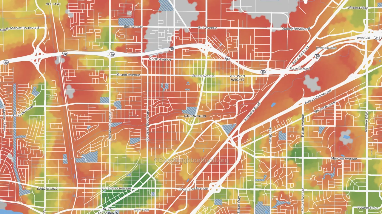 Walk Grade map of Hagginwood, Sacramento, CA, walkable areas in green and car-dependent areas in red
