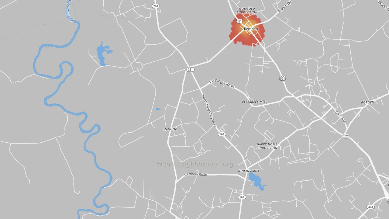 Walk Grade map of Hagood, SC, walkable areas in green and car-dependent areas in red
