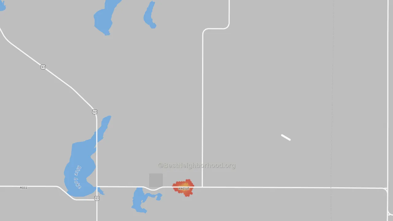 Walk Grade map of Hague, ND, walkable areas in green and car-dependent areas in red