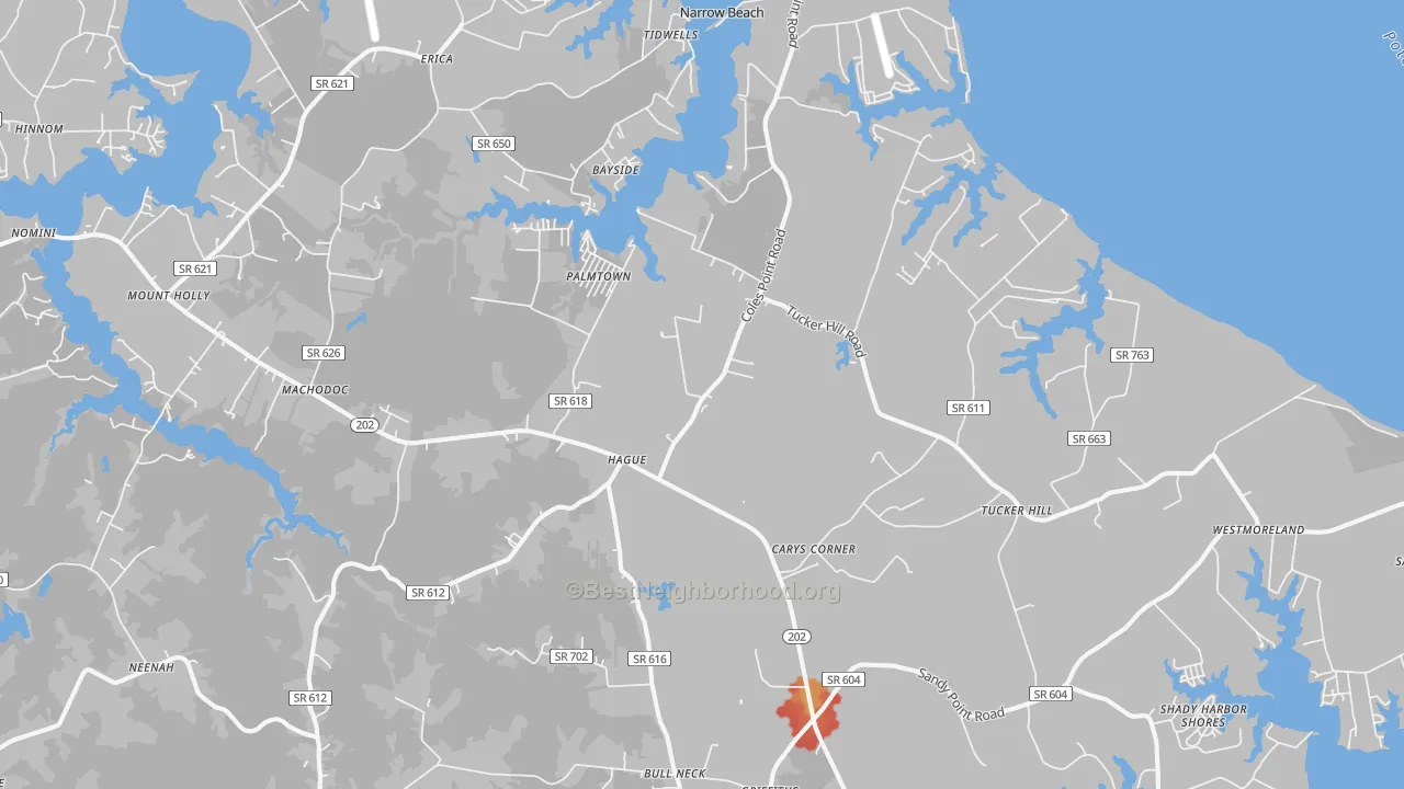 Walk Grade map of Hague, VA, walkable areas in green and car-dependent areas in red