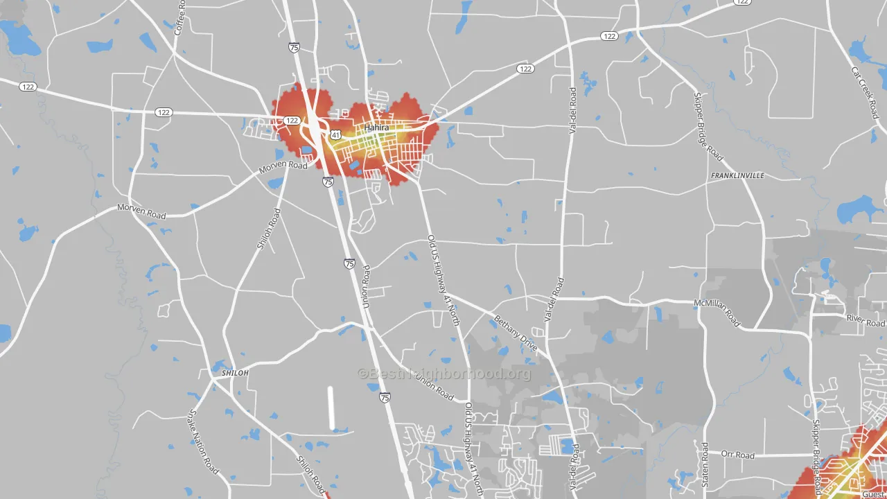 Walk Grade map of Hahira, GA, walkable areas in green and car-dependent areas in red
