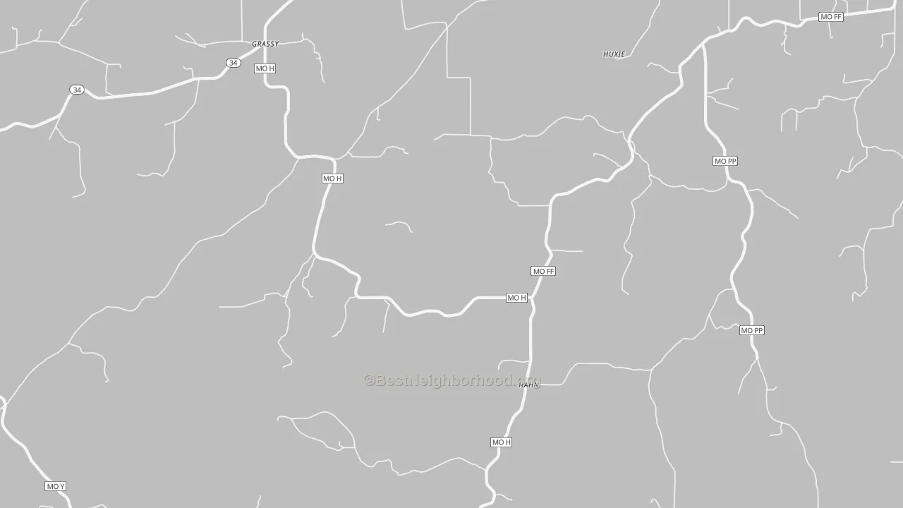 Walk Grade map of Hahn, MO, walkable areas in green and car-dependent areas in red