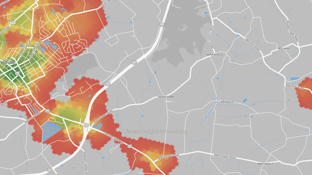 Walk Grade map of Hahnstown, PA, walkable areas in green and car-dependent areas in red