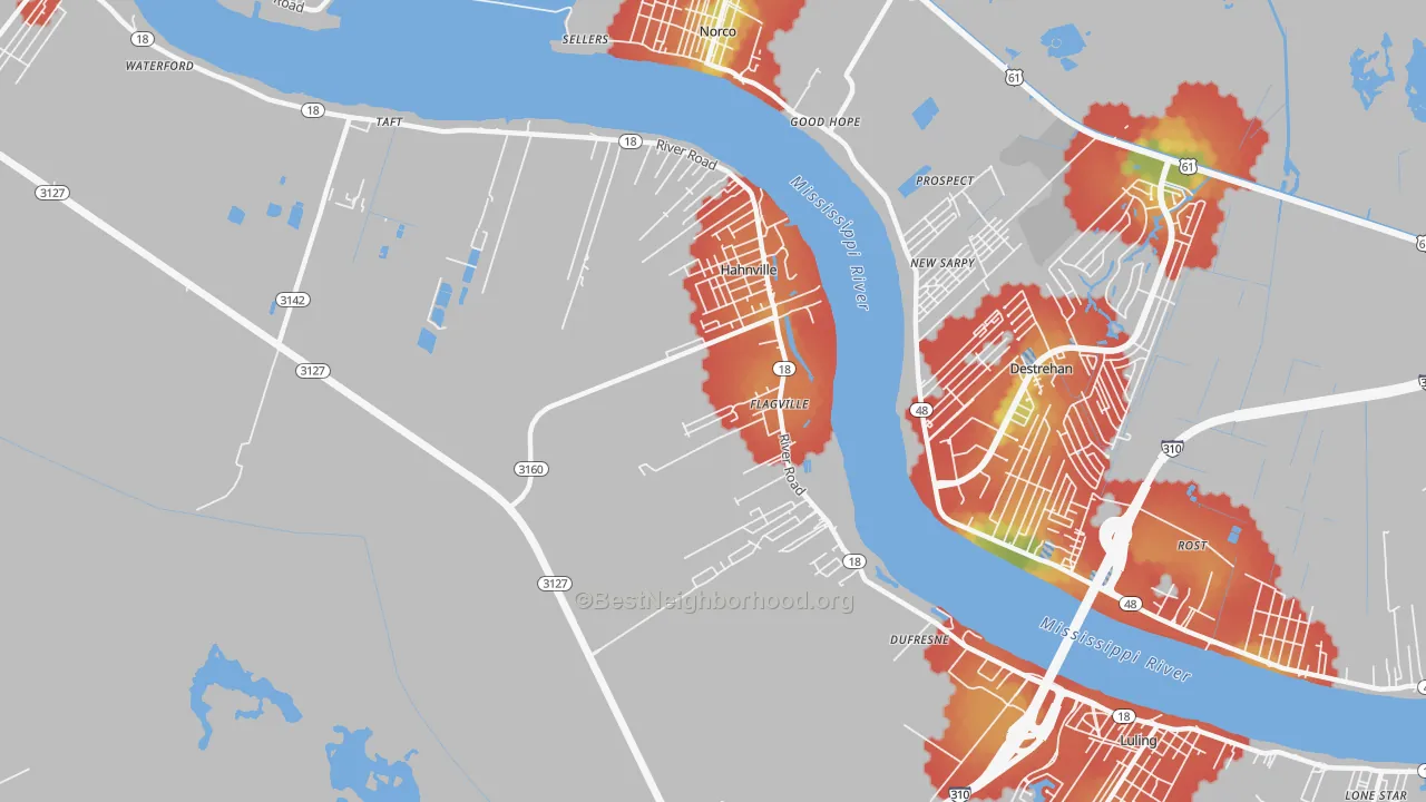 Walk Grade map of Hahnville, LA, walkable areas in green and car-dependent areas in red