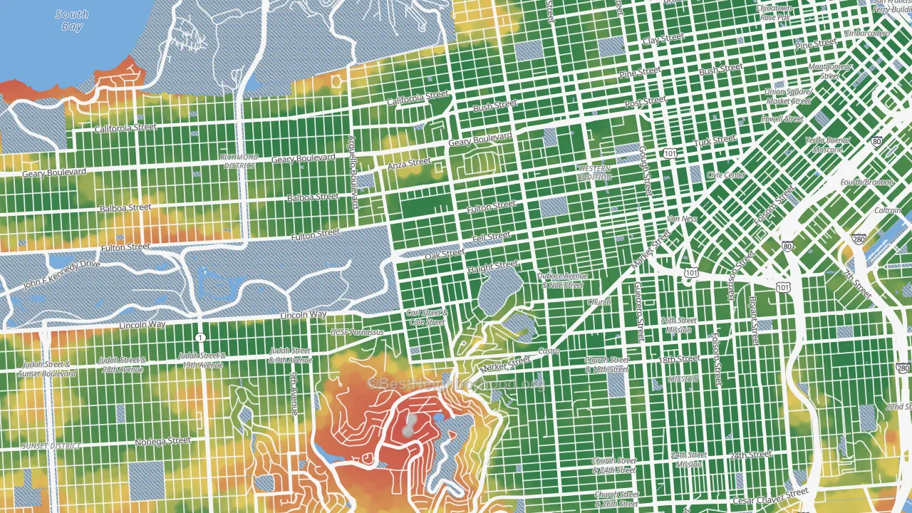 Walk Grade map of Haight-Ashbury, San Francisco, CA, walkable areas in green and car-dependent areas in red