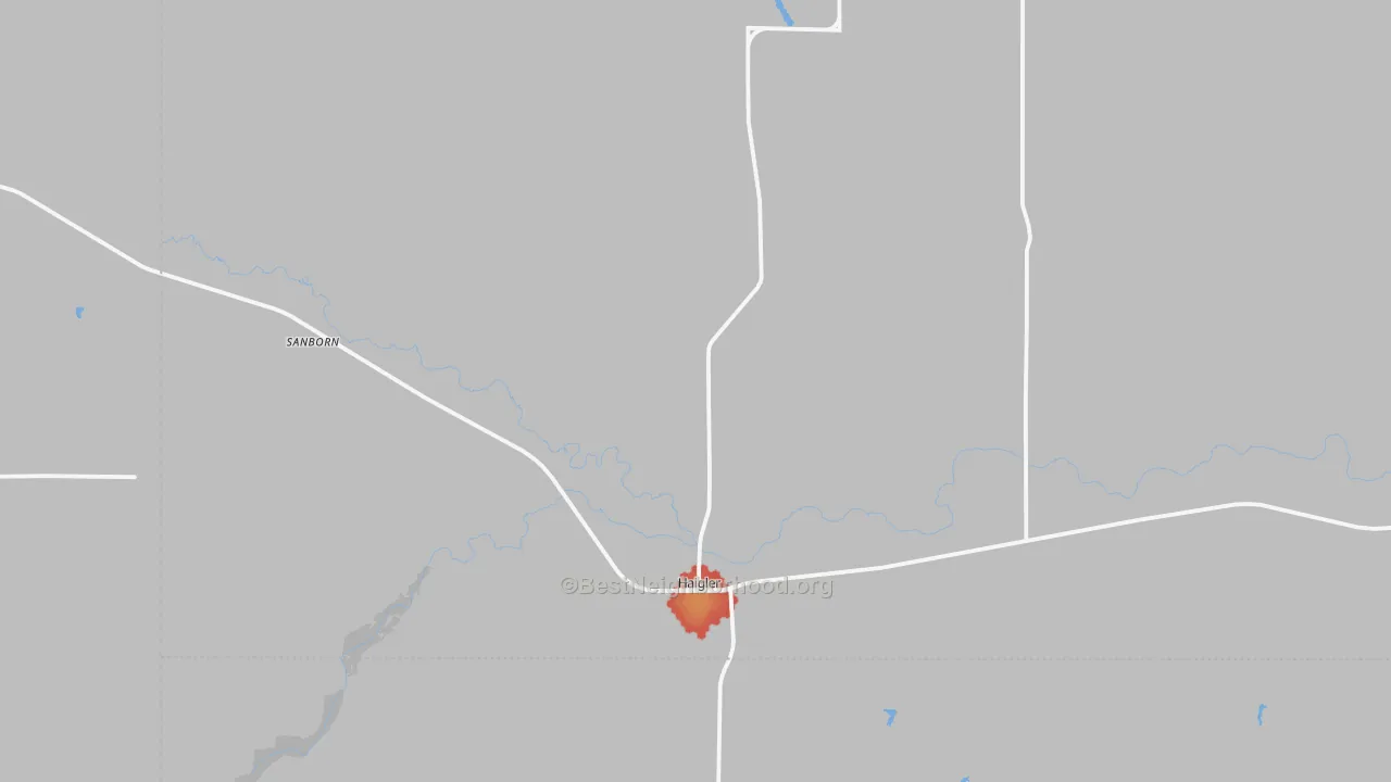 Walk Grade map of Haigler, NE, walkable areas in green and car-dependent areas in red