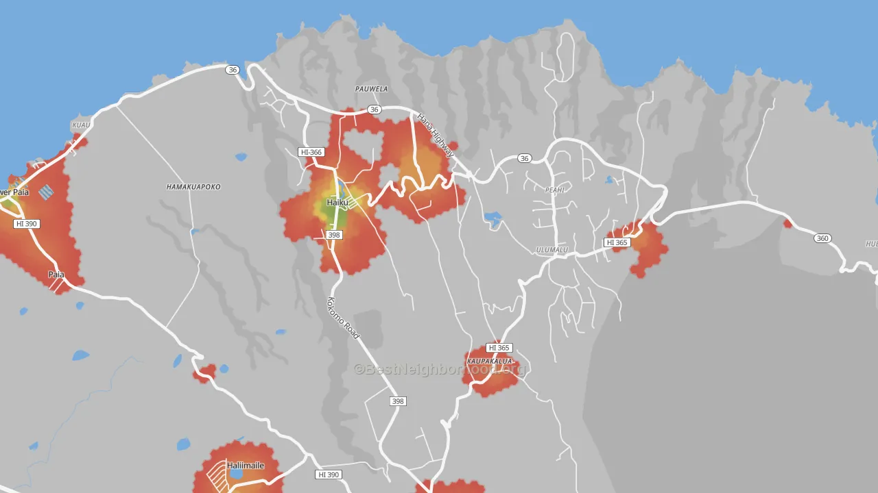Walk Grade map of Haiku-Pauwela, HI, walkable areas in green and car-dependent areas in red
