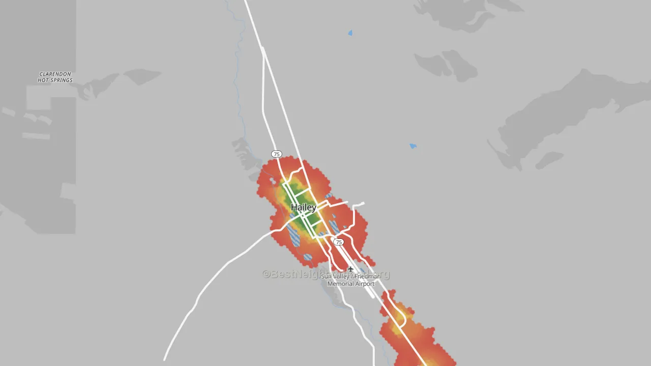 Walk Grade map of Hailey, ID, walkable areas in green and car-dependent areas in red