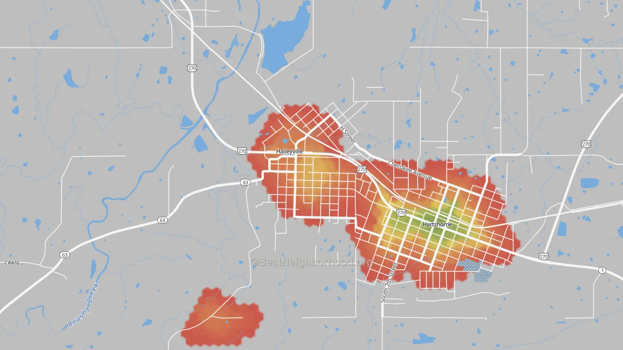 Walk Grade map of Haileyville, OK, walkable areas in green and car-dependent areas in red