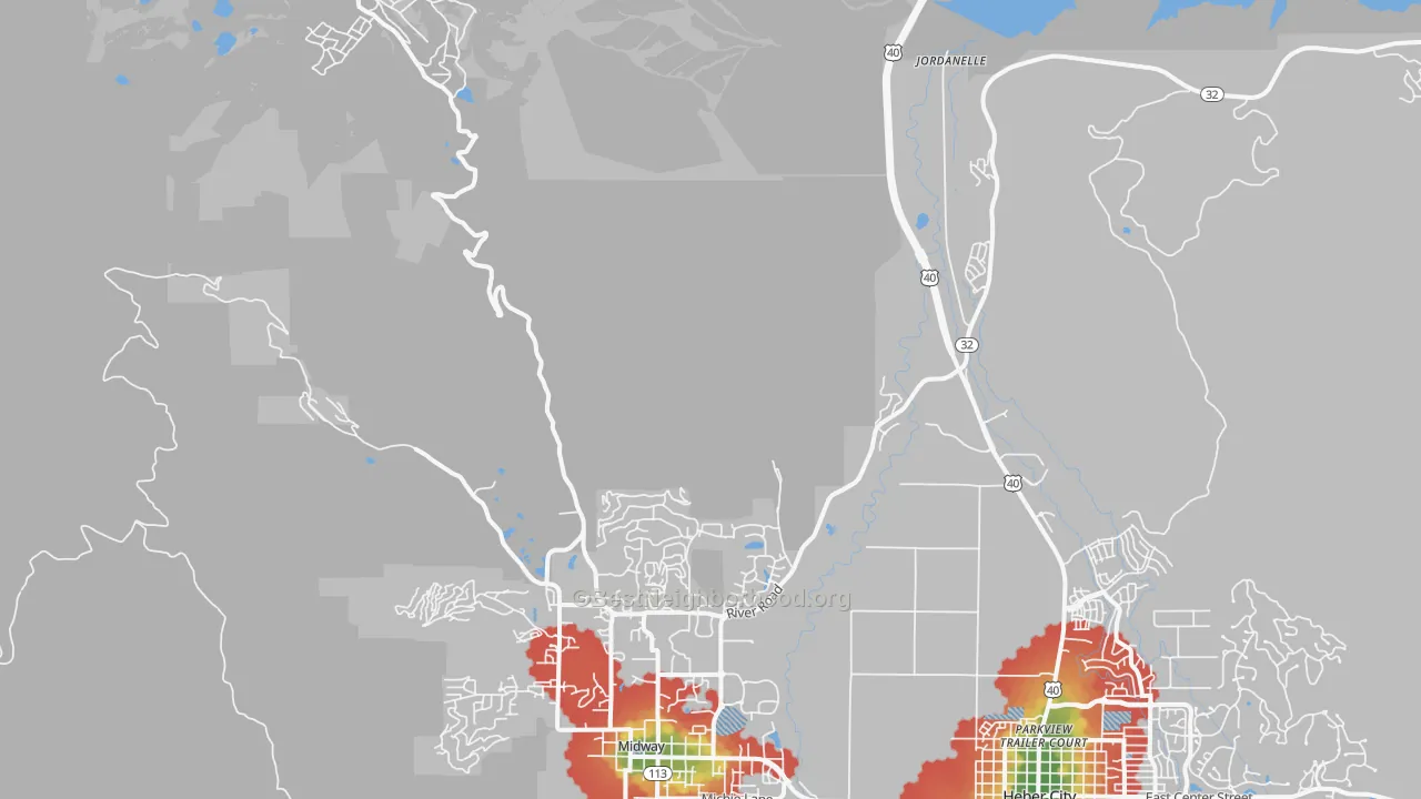 Walk Grade map of Hailstone, UT, walkable areas in green and car-dependent areas in red