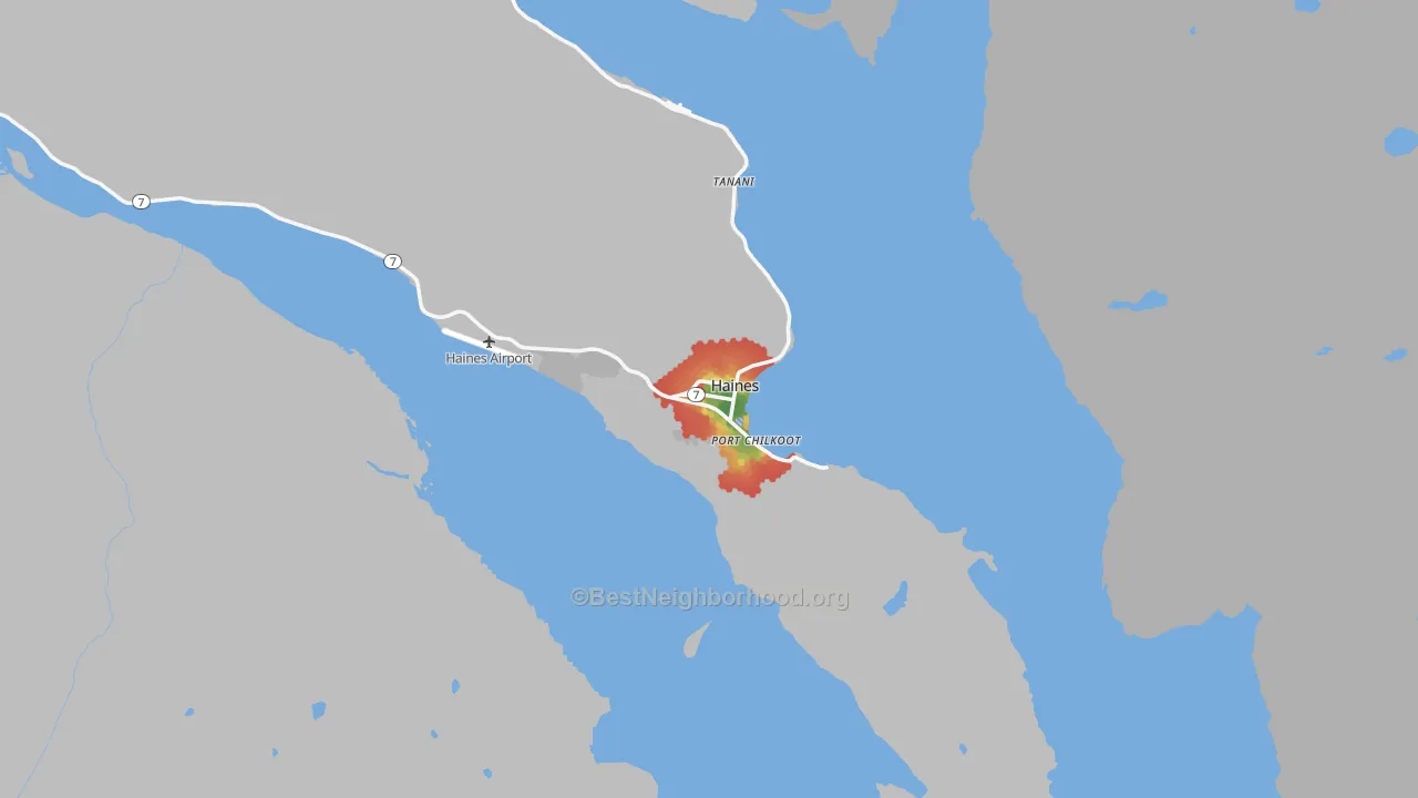 Walk Grade map of Haines, AK, walkable areas in green and car-dependent areas in red
