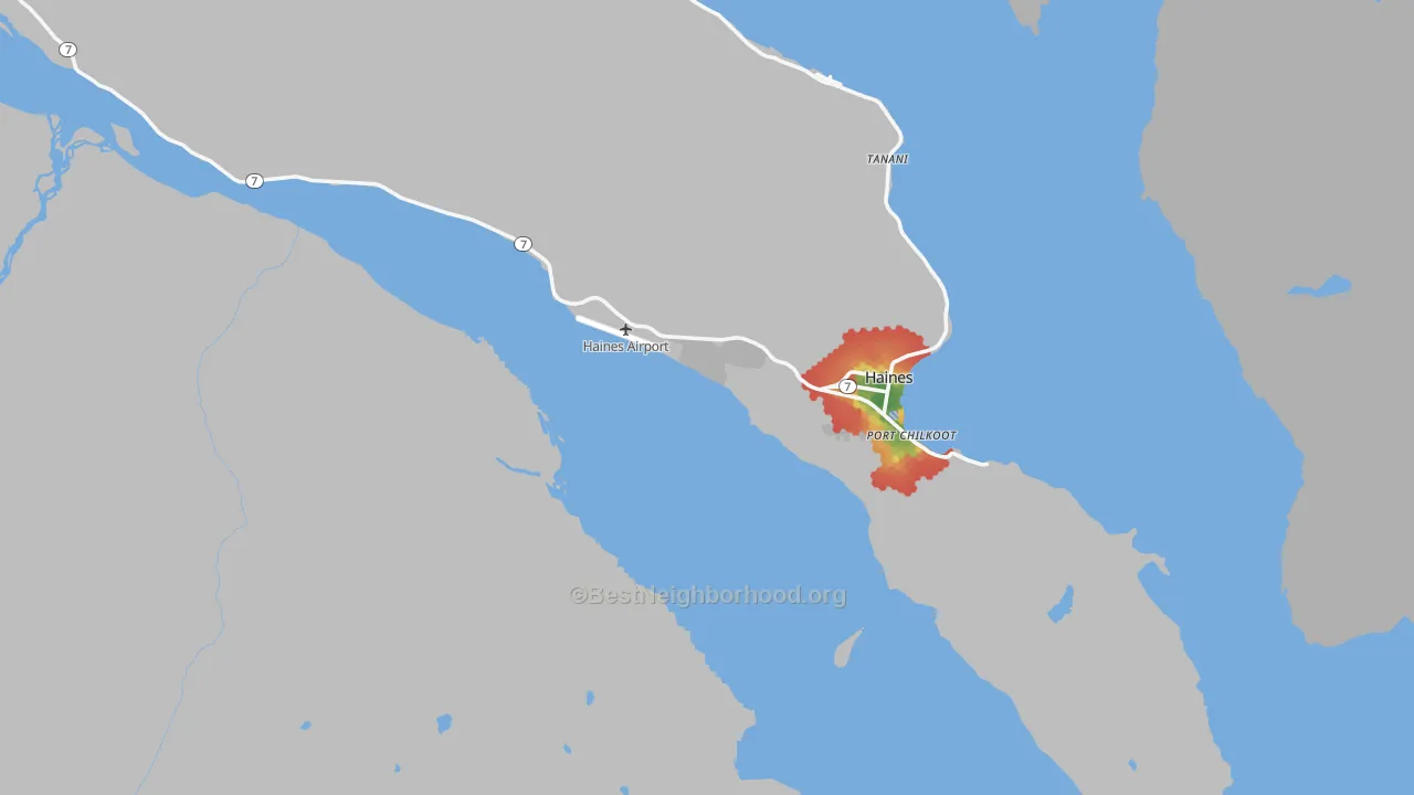 Walk Grade map of Haines Borough, AK, walkable areas in green and car-dependent areas in red