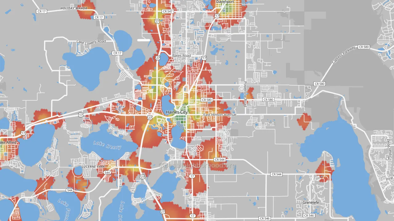 Walk Grade map of Haines City, FL, walkable areas in green and car-dependent areas in red