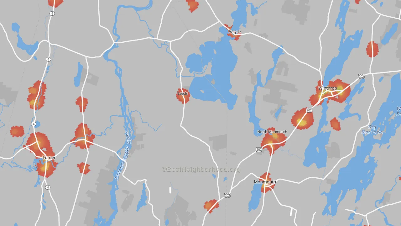 Walk Grade map of Haines Corner, Lewiston, ME, walkable areas in green and car-dependent areas in red