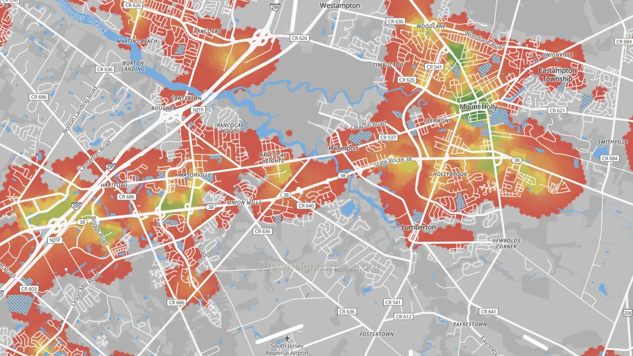 Walk Grade map of Hainesport, NJ, walkable areas in green and car-dependent areas in red