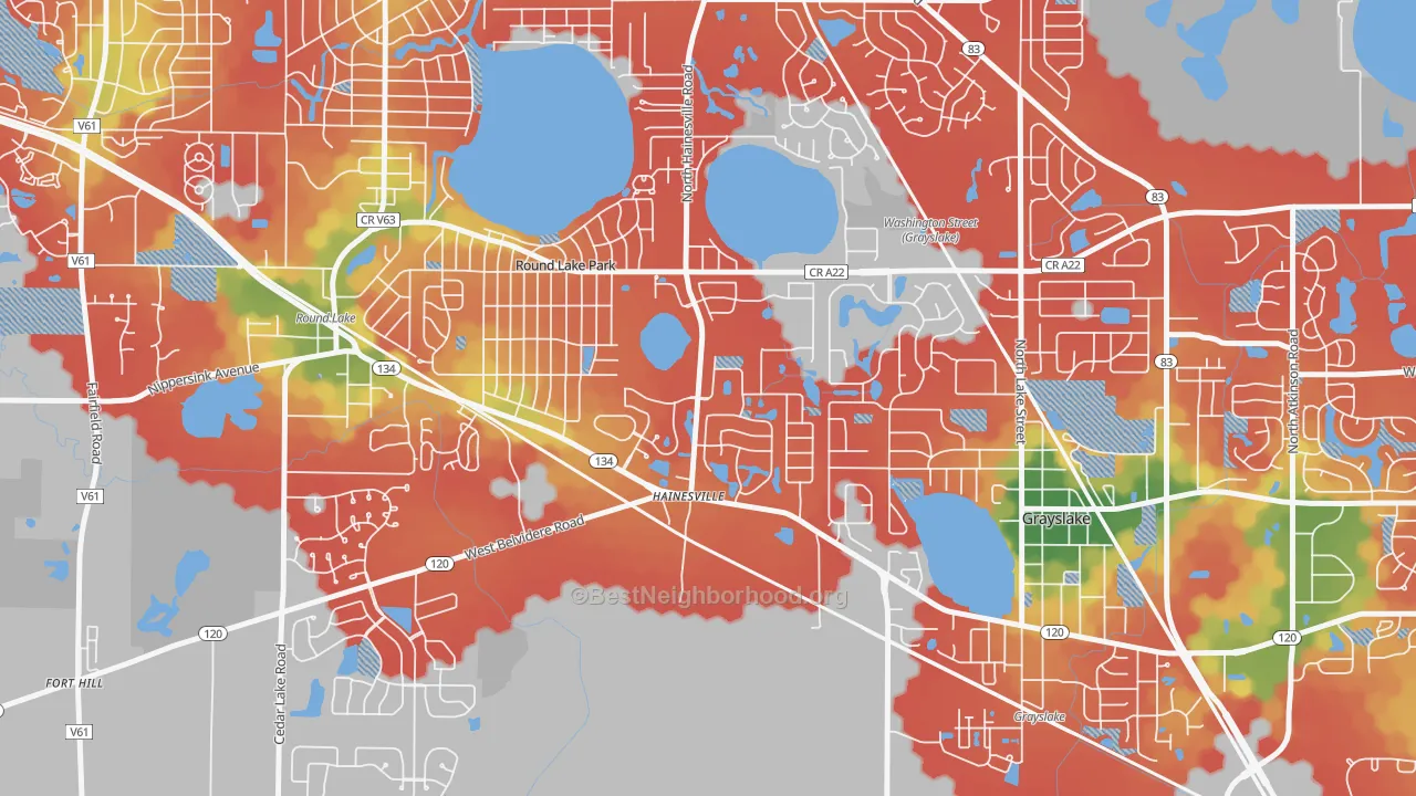 Walk Grade map of Hainesville, IL, walkable areas in green and car-dependent areas in red