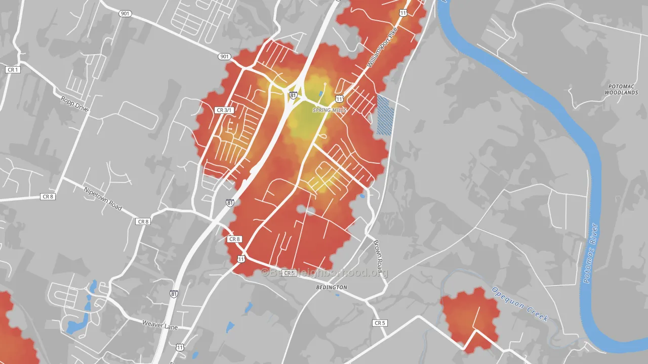 Walk Grade map of Hainesville, Martinsburg, WV, walkable areas in green and car-dependent areas in red
