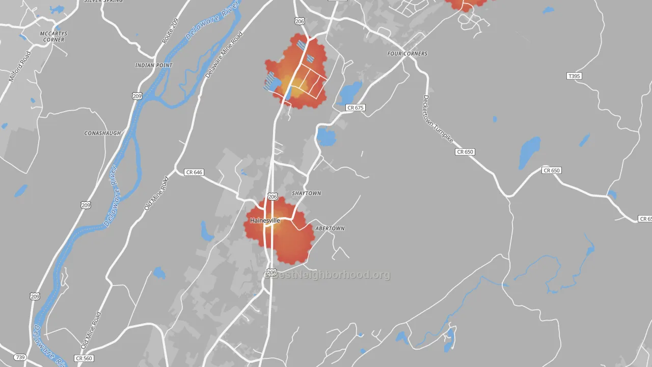 Walk Grade map of Hainesville, NJ, walkable areas in green and car-dependent areas in red