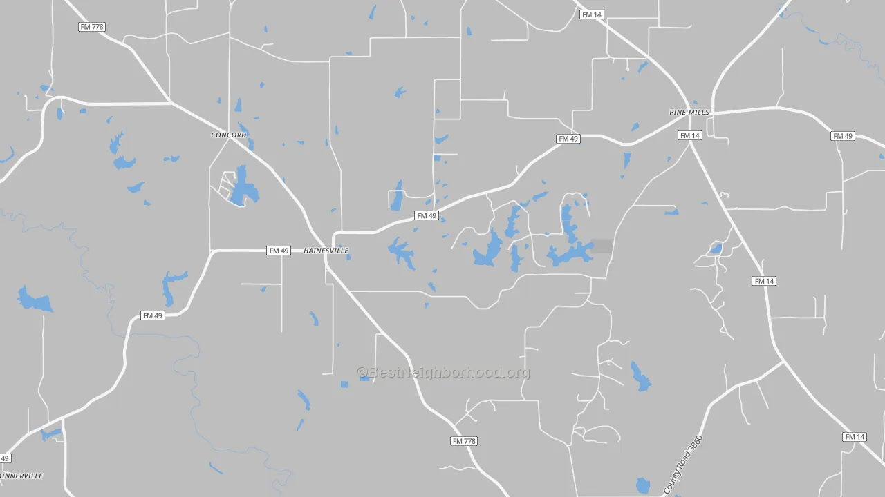 Walk Grade map of Hainesville, TX, walkable areas in green and car-dependent areas in red