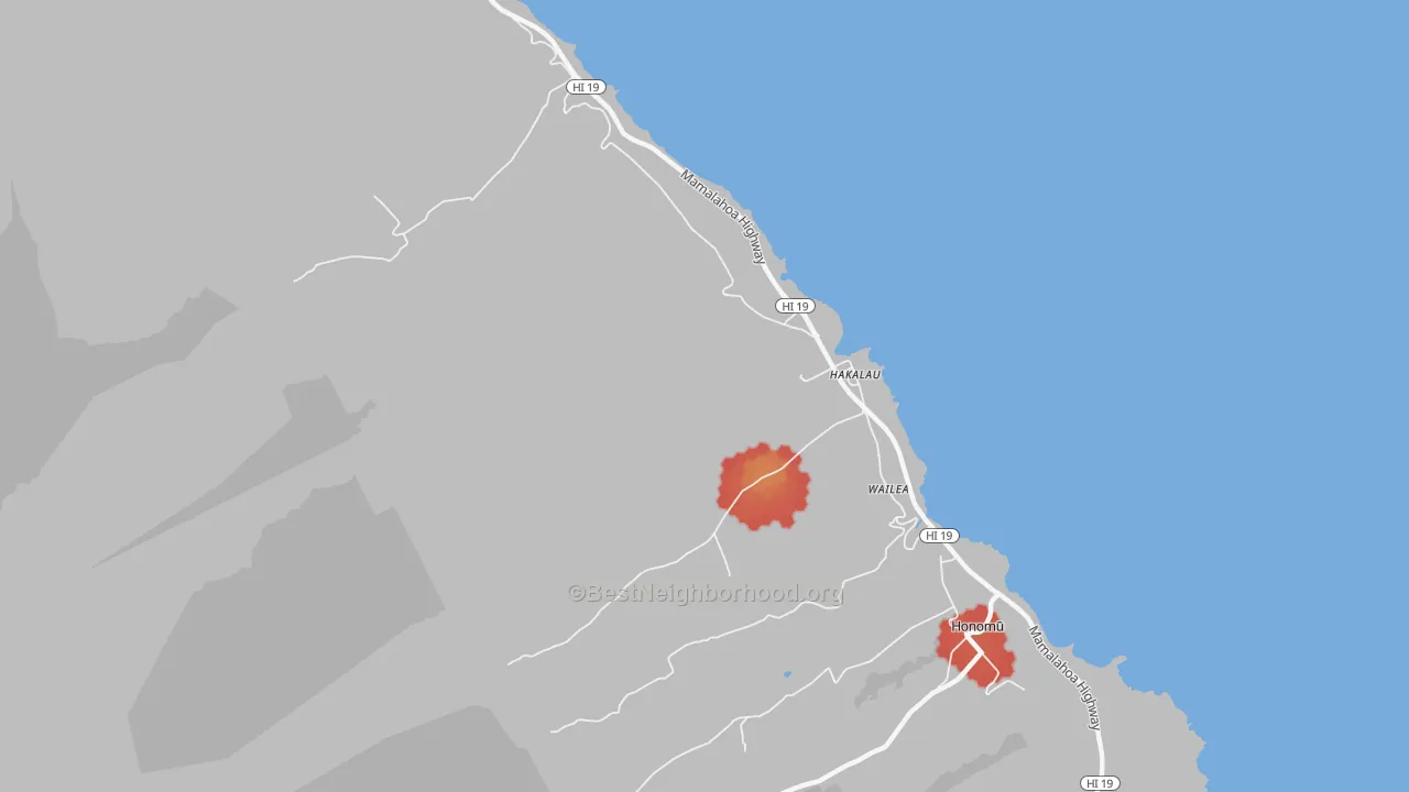 Walk Grade map of Hakalau, HI, walkable areas in green and car-dependent areas in red