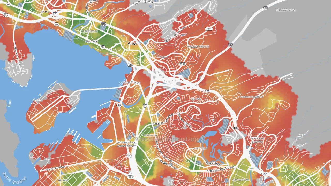 Walk Grade map of Halawa, HI, walkable areas in green and car-dependent areas in red
