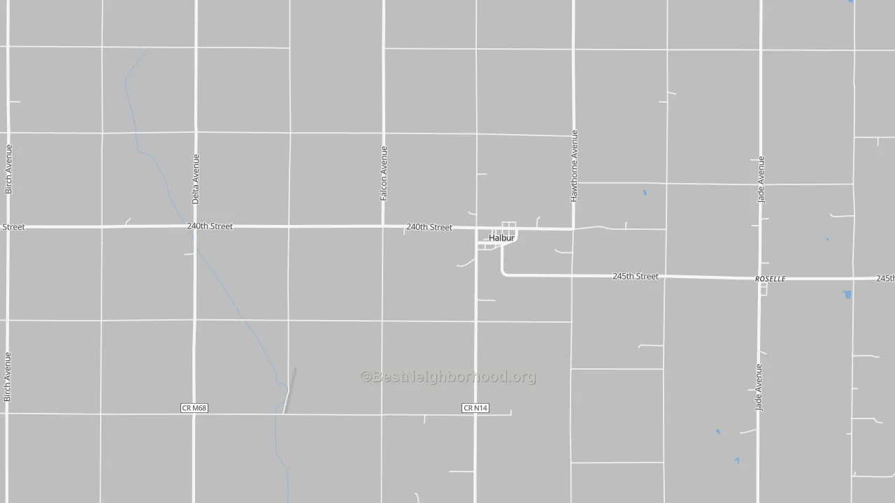Walk Grade map of Halbur, IA, walkable areas in green and car-dependent areas in red