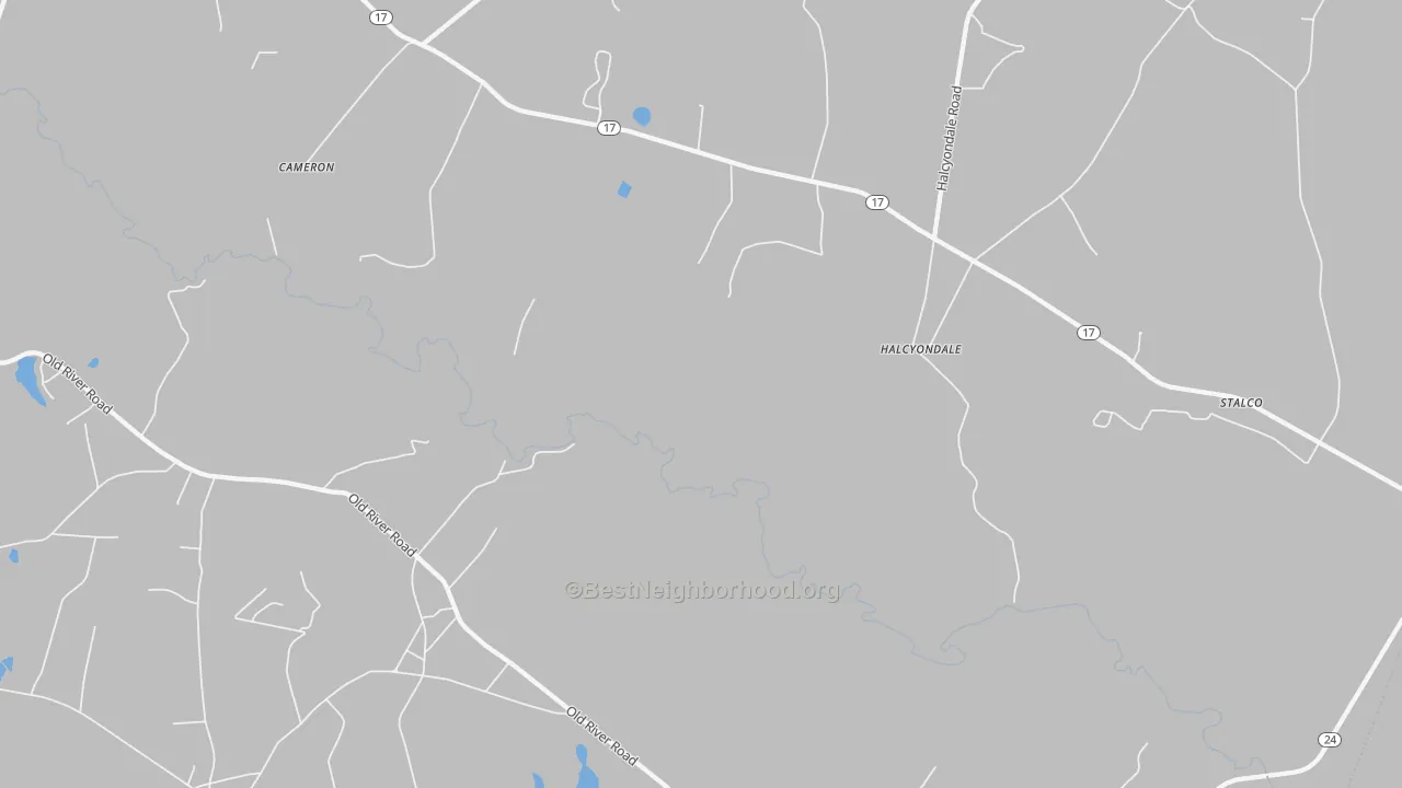 Walk Grade map of Halcyondale, GA, walkable areas in green and car-dependent areas in red