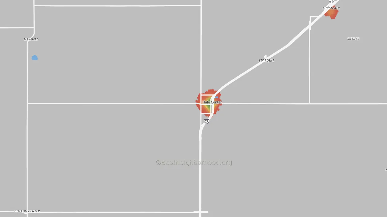 Walk Grade map of Hale Center, TX, walkable areas in green and car-dependent areas in red
