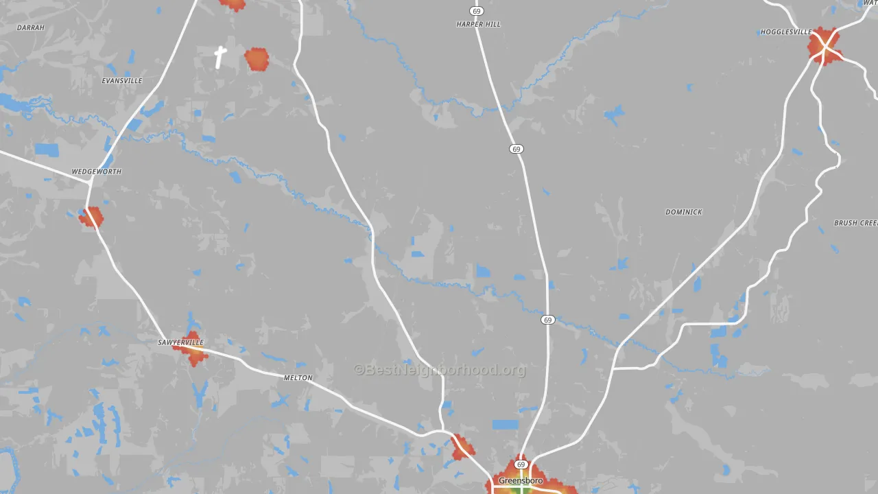 Walk Grade map of Hale County, AL, walkable areas in green and car-dependent areas in red