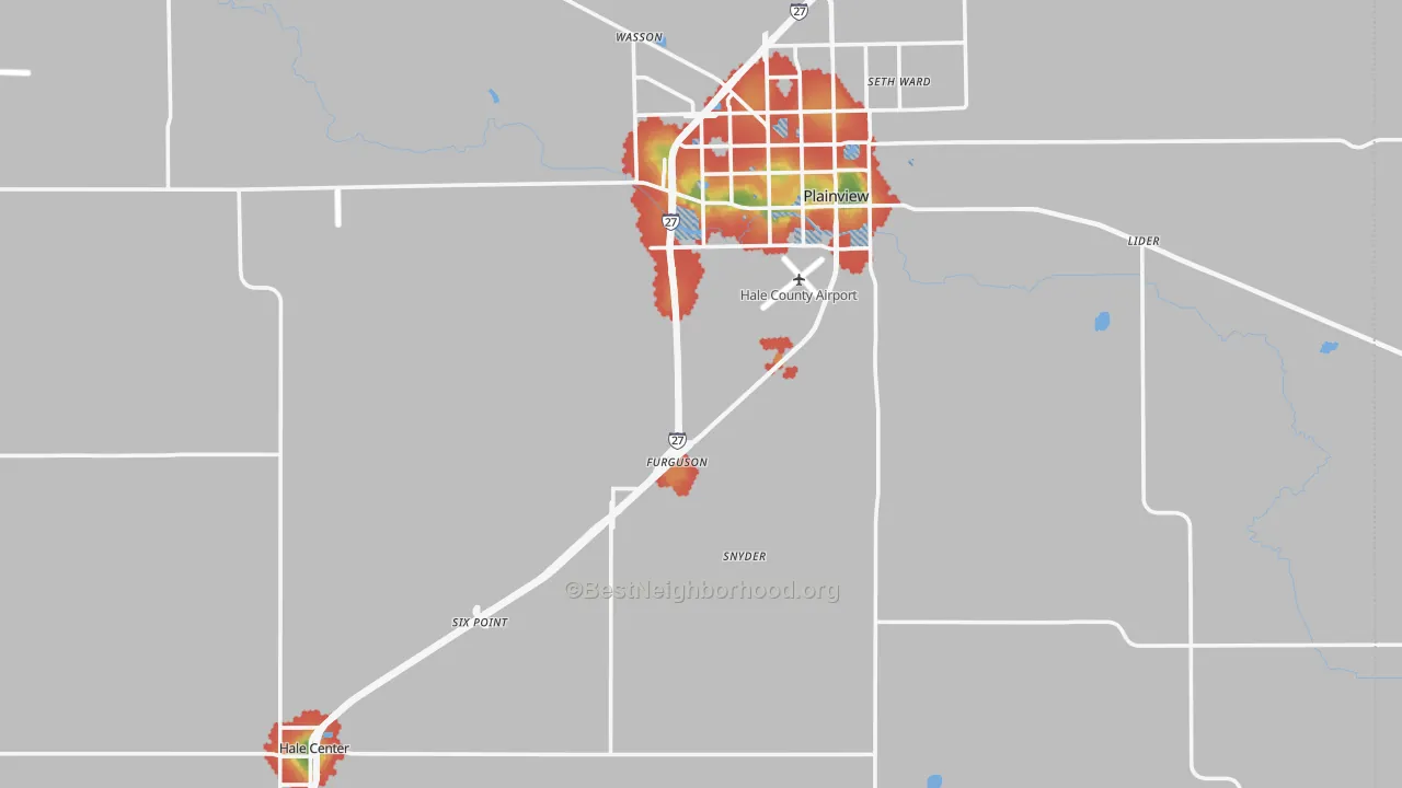 Walk Grade map of Hale County, TX, walkable areas in green and car-dependent areas in red