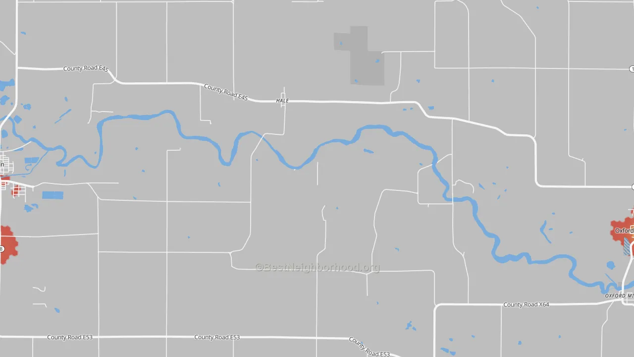Walk Grade map of Hale, IA, walkable areas in green and car-dependent areas in red