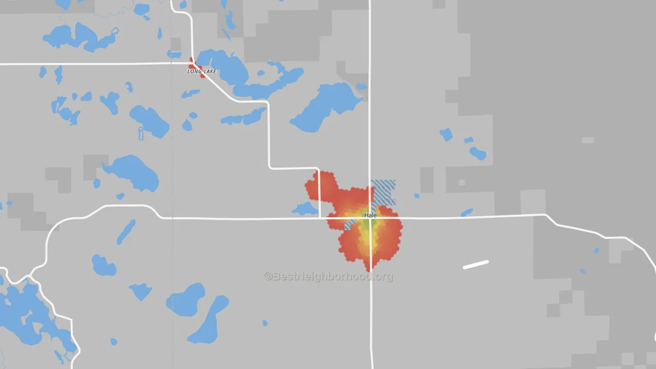 Walk Grade map of Hale, MI, walkable areas in green and car-dependent areas in red