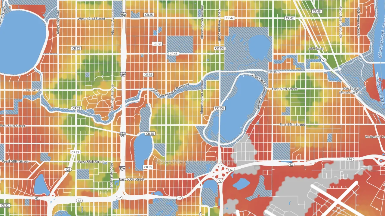 Walk Grade map of Hale, Minneapolis, MN, walkable areas in green and car-dependent areas in red