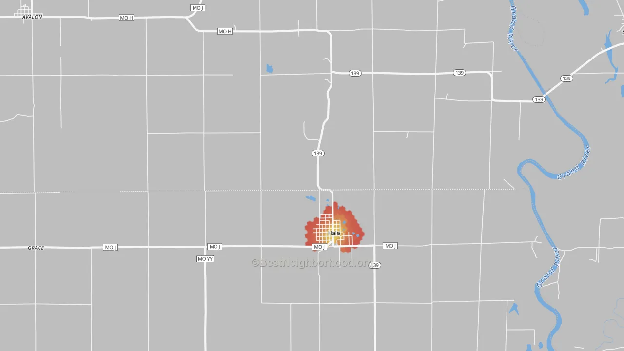 Walk Grade map of Hale, MO, walkable areas in green and car-dependent areas in red