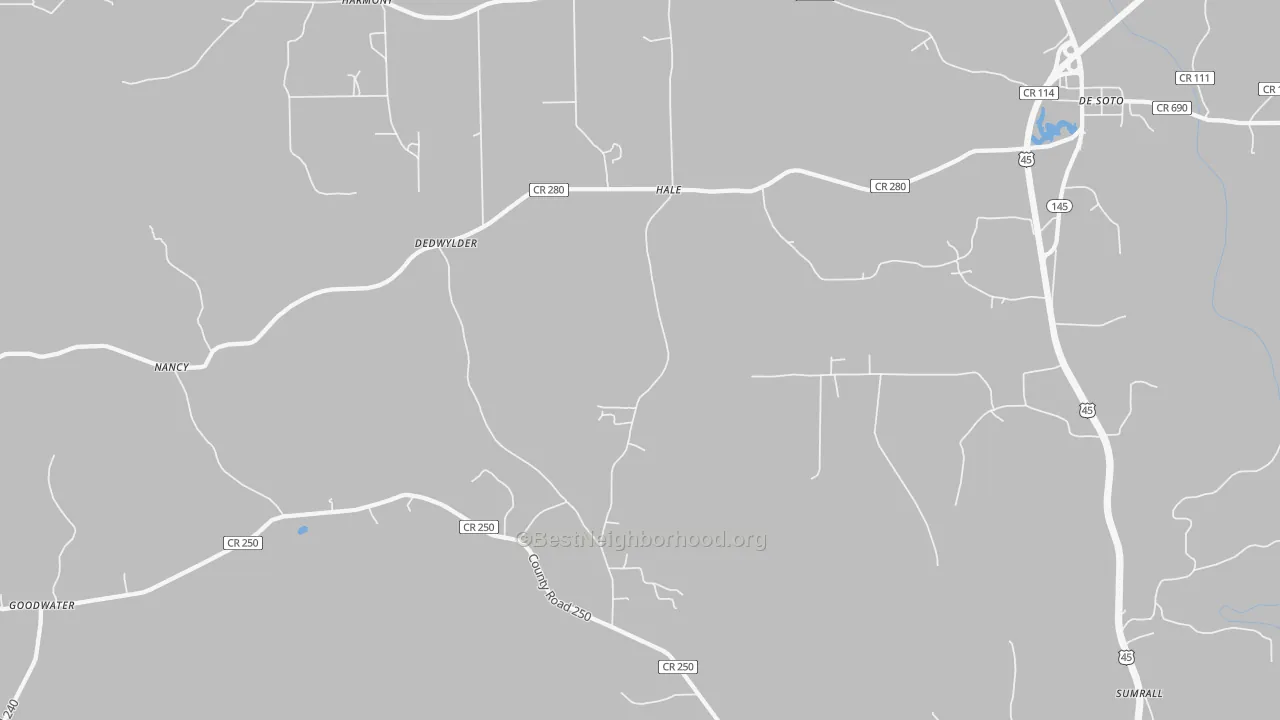 Walk Grade map of Hale, MS, walkable areas in green and car-dependent areas in red